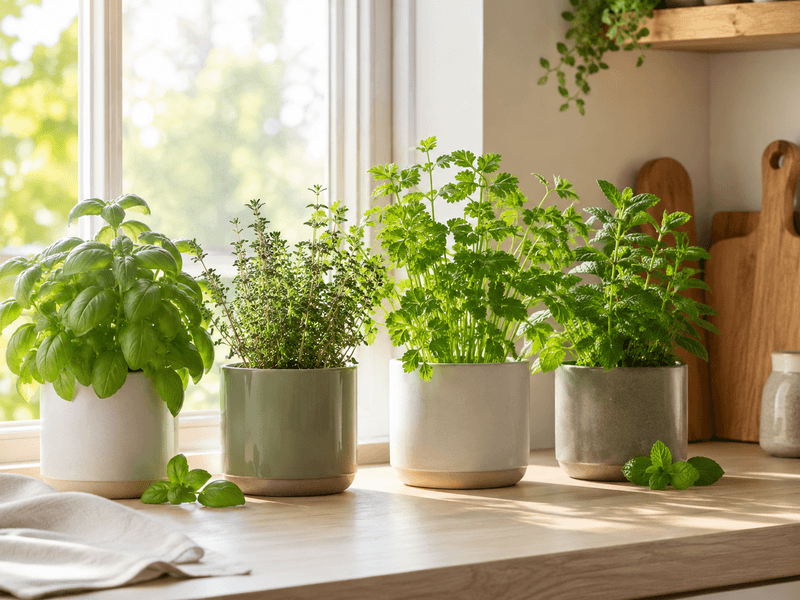 Healthy potted herbs growing in bright light