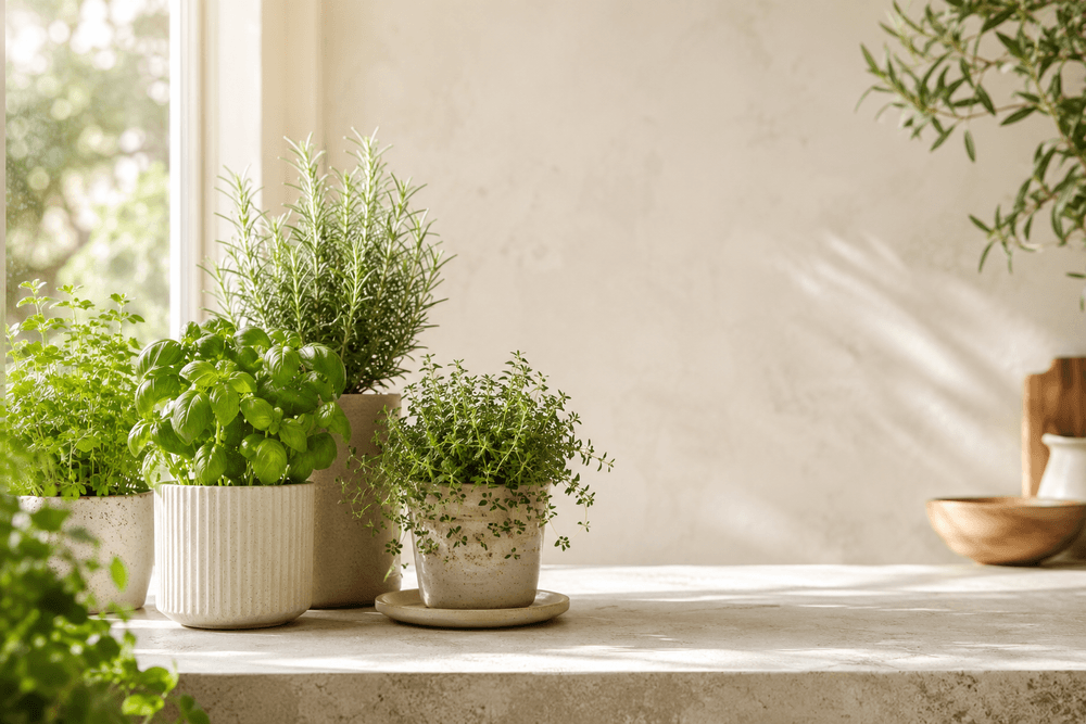 A row of potted herbs growing on a sunny windowsill