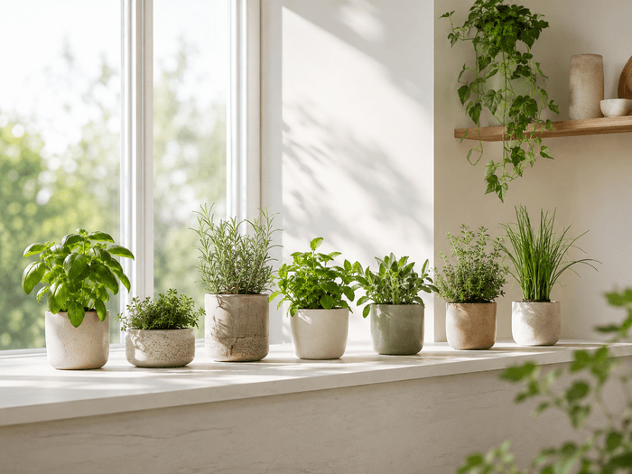 Potted herbs growing on a bright windowsill at home