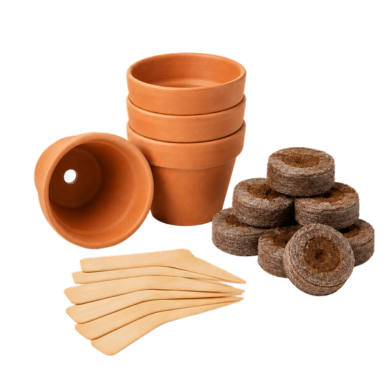 Peat pots, soil pellets and wooden plant markers