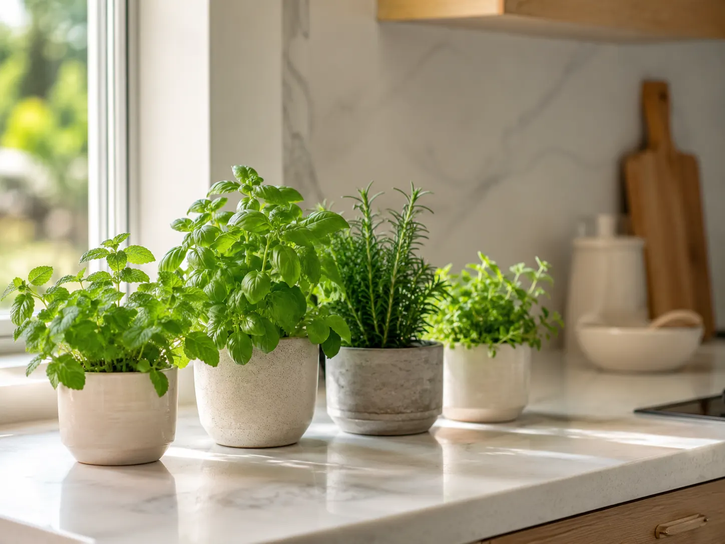 Fresh herb plants growing in pots in a bright modern kitchen