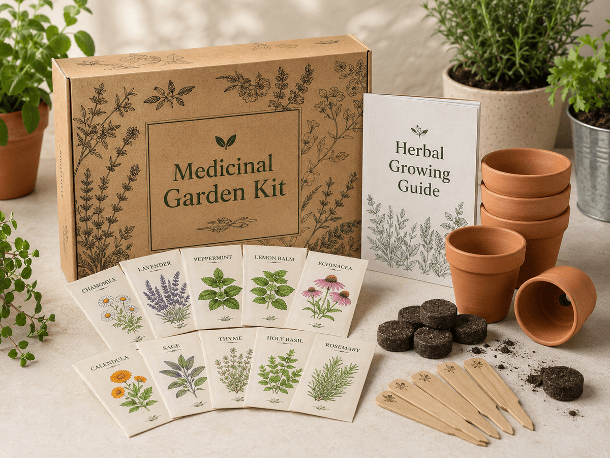 Medicinal Garden Kit box with ten herb seed packets, a Herbal Growing Guide, small terracotta pots, soil pellets and wooden plant markers