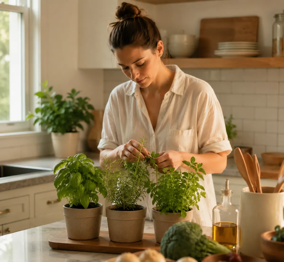 A home herb garden with potted plants by a sunny window