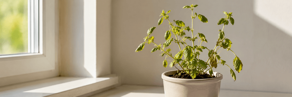 A potted herb with some wilting, yellowing leaves on a windowsill