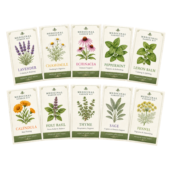 Ten labelled herb seed packets